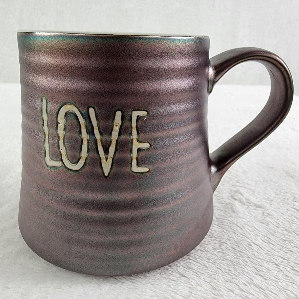 La Rochelle Stoneware Coffee Mug Love Iridescent Purple Green Glazed Metallic